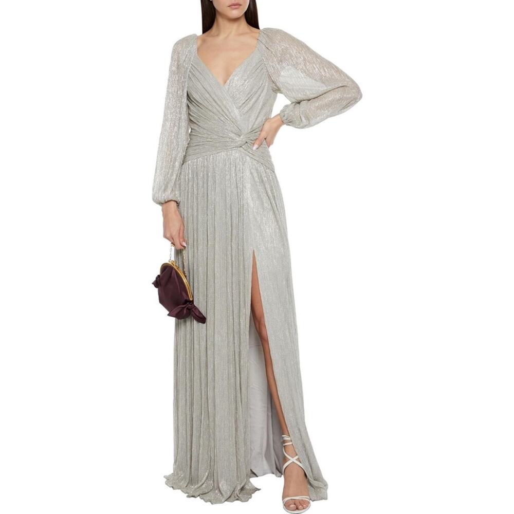 Jonathan Simkhai Adele Metallic Plisse Pleated Long Sleeve Gown Slit Maxi Dress